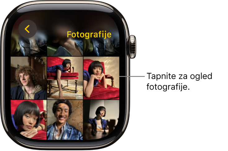 Glavni zaslon aplikacije Fotografije v uri Apple Watch, ki prikazuje več fotografij, prikazanih v mreži.