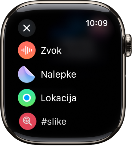 Zaslon Sporočila prikazuje možnosti priponk, kot so zvok, nalepke, lokacija in slike.
