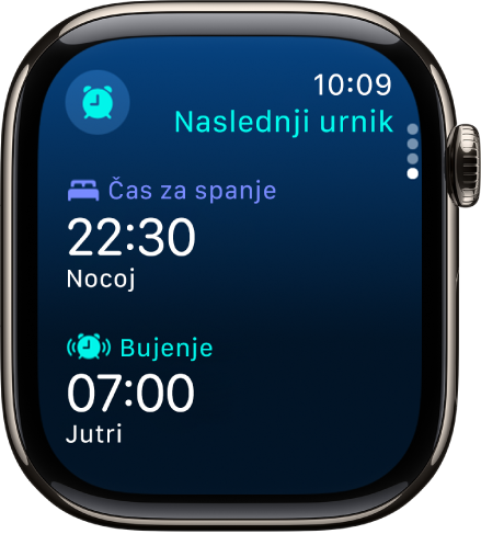 Aplikacija Spanje v uri Apple Watch prikazuje večerni urnik spanja. Čas spanja se prikaže na vrhu, čas bujenja pa pod njim.
