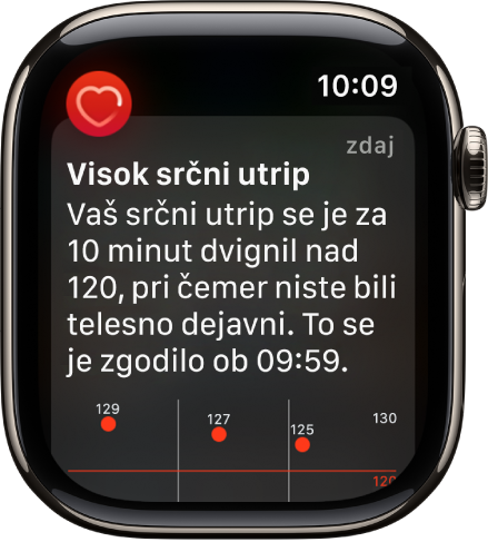 Opozorilo o srčnem utripu, ki označuje visok srčni utrip.