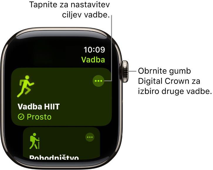 Zaslon Vadba z izpostavljeno vadbo Visokointenzivni intervalni trening. Zgoraj desno od ploščice vadbe je gumb Več.