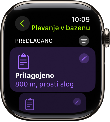 Zaslon v aplikaciji Vadba, ki prikazuje nastavitve za vadbo Plavanje v bazenu po meri.