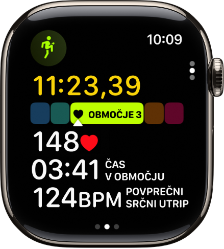 Tekaška vadba v teku prikazuje pretečeni čas vadbe, trenutno območje, srčni utrip, čas v območju in povprečni srčni utrip.