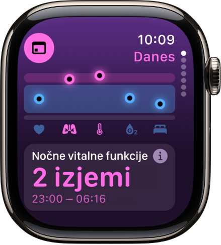 Zaslon v aplikaciji Vitalne funkcije prikazuje meritve zdravja čez noč.