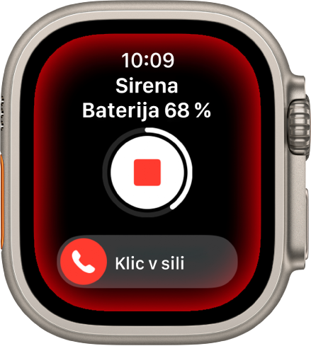 Sirena odšteva. Blizu vrha je napolnjenost baterije, na sredini je gumb Predvajaj, na dnu pa je drsnik za klic v sili.