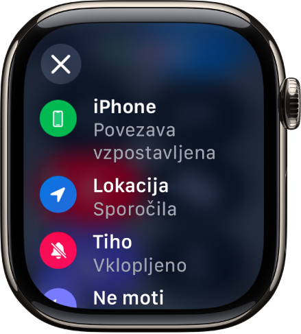 Podrobnosti stanja, ki prikazujejo stanja iPhone povezan, Lokacija, ki jo uporabljajo Sporočila, Tihi način vklopljen in Način Ne moti vklopljen.