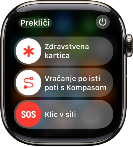 Zaslon službe za nujno pomoč. Blizu vrha je drsnik Zdravstvena izkaznica, na sredini je drsnik Vračanje po isti poti s Kompasom, na dnu pa je drsnik za klic v sili.