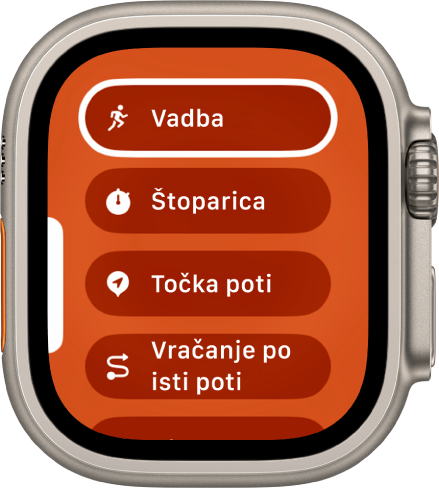 Zaslon za hiter preklop prikazuje dejanja, ki jih je mogoče dodeliti Akcijskemu gumbu, na primer Vadba, Štoparica in Točka poti.