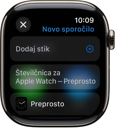 Zaslon ure Apple Watch prikazuje sporočilo o skupni rabi številčnice z imenom prejemnika na vrhu. Spodaj sta gumb Dodaj stik in ime številčnice.