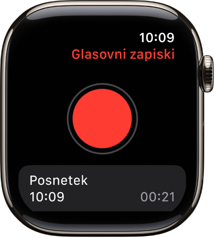 Ura Apple Watch prikazuje zaslon Glasovni zapiski. Rdeč gumb Snemaj je prikazan pri vrhu. Spodaj se prikaže posneti zapisek. Prikazuje čas in dolžino posnetka.
