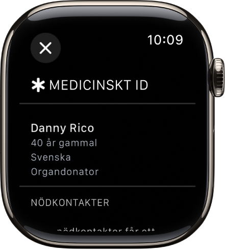 Skärmen för medicinskt ID på Apple Watch visar personens namn, ålder, språk, organdonatorstatus och nödkontakter.