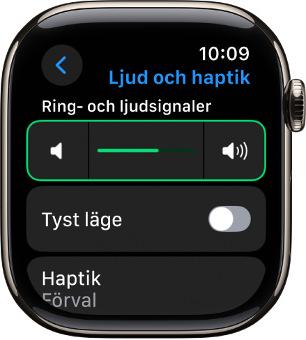 Inställningarna för Ljud och haptik på Apple Watch med skjutreglaget Varningsvolym högst upp och under det reglaget för tyst läge.