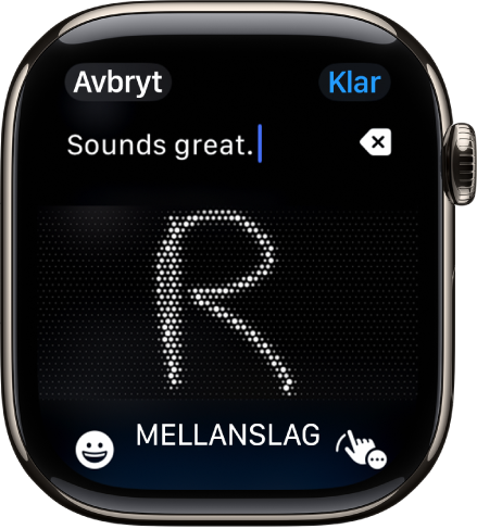 Textfältsskärmen visar ett meddelande som har skrivits för hand. Knapparna för emojier och handskrift finns längst ned på skärmen.