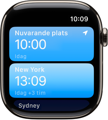 Appen Världsklocka med en lista över städer.