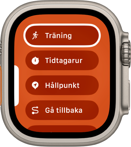 Skärmen Växla snabbt med åtgärder som kan tilldelas till snabbknappen, till exempel Träning, Tidtagarur och Hållpunkt.