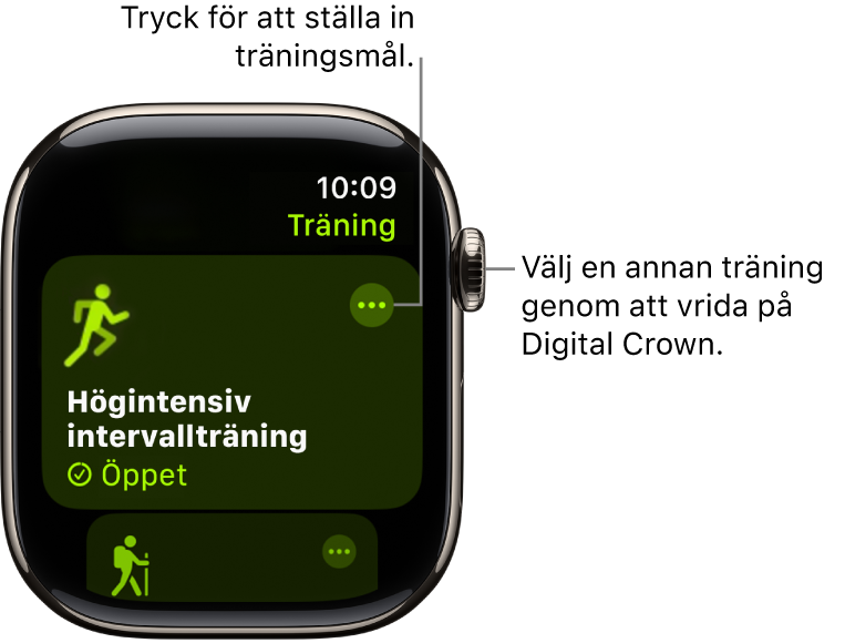 Skärmen Träning med Högintensiv intervallträning markerad. Högst upp till höger på träningsrutan finns en merknapp.