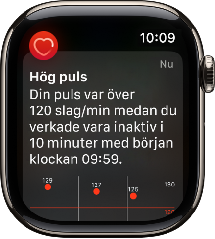En skärm med en pulsvarning som visar att en hög puls har upptäckts.
