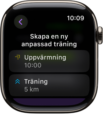 Appen Träning visar en skärm för att skapa en ny anpassad träning. Rutan Uppvärmning finns i mitten med ett 10-minutersintervall och rutan Träning finns nedanför med ett 3-mileintervall.
