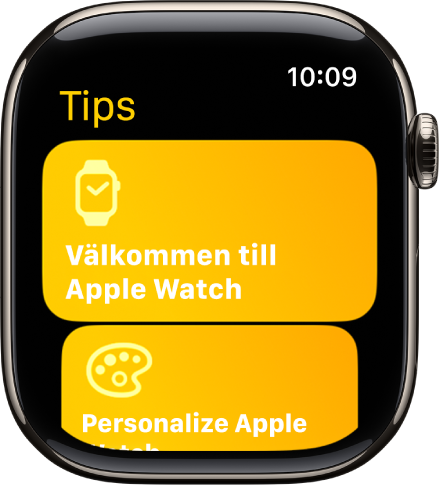 Tips-appen visar Tips-samlingar som Välkommen till Apple Watch.
