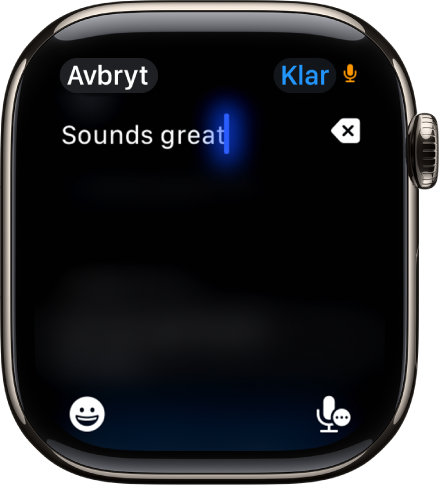 Textfältsskärmen visar ett meddelande som har dikterats. Knapparna för emojier och diktering finns längst ned på skärmen.