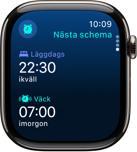 Appen Sömn på Apple Watch med kvällens sömnschema. Överst visas tiden för läggdags och under det väckningstiden.