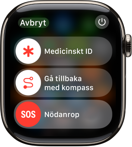 Skärmen för räddningstjänst. Nära överkanten finns reglaget Medicinskt ID, i mitten reglaget Gå tillbaka med kompass och längst ned reglaget Nödsamtal.