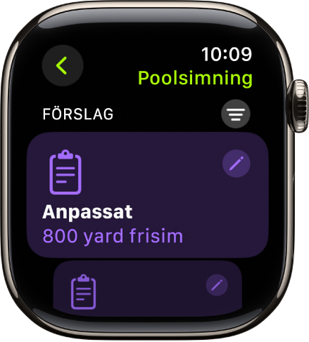 En skärm i appen Träning visar inställningar för en anpassad poolsimträning.