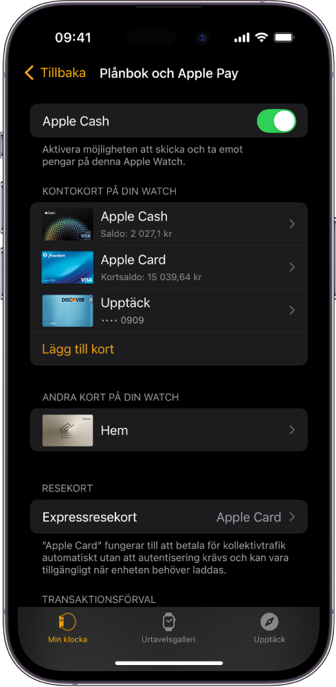 En iPhone-skärm visar inställningar för Plånbok och Apple Pay i Apple Watch-appen.