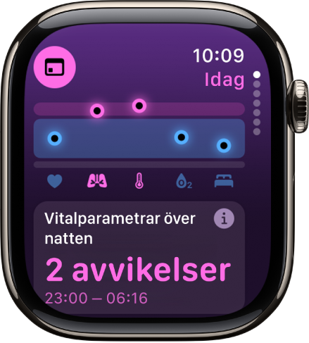 En skärm i appen Vitalparametrar visar hälsovärden under natten.