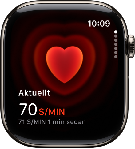 En Puls-skärm som visar din nuvarande puls längst ned till vänster och den senaste mätningen i mindre textstorlek under den.