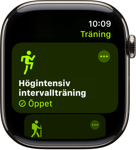 Skärmen Träning med Högintensiv intervallträning markerad. Högst upp till höger på träningsrutan finns en merknapp.