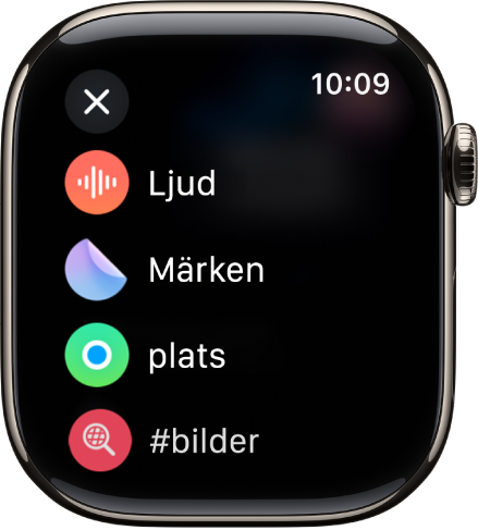 En skärm i Meddelanden visar bilagealternativ som ljud, märken, plats och bilder.