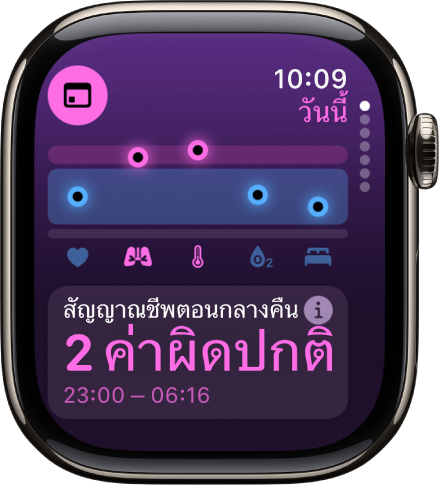 หน้าจอในแอปสัญญาณชีพที่แสดงตัวชี้วัดสุขภาพตอนกลางคืน