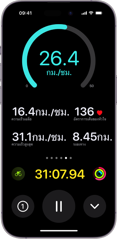 การปั่นจักรยานออกกำลังกายที่กำลังดำเนินอยู่แสดงขึ้นเป็นกิจกรรมสดบน iPhone ของคุณ พร้อมกับแสดงความเร็ว ความเร็วเฉลี่ย อัตราการเต้นของหัวใจ ความเร็วสูงสุด ระยะทางที่เดินทาง และเวลาที่ใช้ไปทั้งหมดของการออกกำลังกาย
