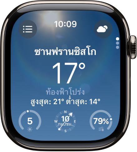 แอปสภาพอากาศที่แสดงภาพรวมของสภาพอากาศของวันนั้น ชื่อของตำแหน่งที่ตั้งแสดงขึ้นมาพร้อมกับอุณหภูมิปัจจุบันด้านล่าง มีสามปุ่มอยู่ด้านล่างสุด ซึ่งได้แก่ ดัชนีรังสี UV ความเร็วลม และปริมาณฝน ปุ่มรายการตำแหน่งที่ตั้งอยู่ที่ด้านซ้ายบนสุด และปุ่มสภาพอากาศอยู่ที่ด้านขวาบนสุด