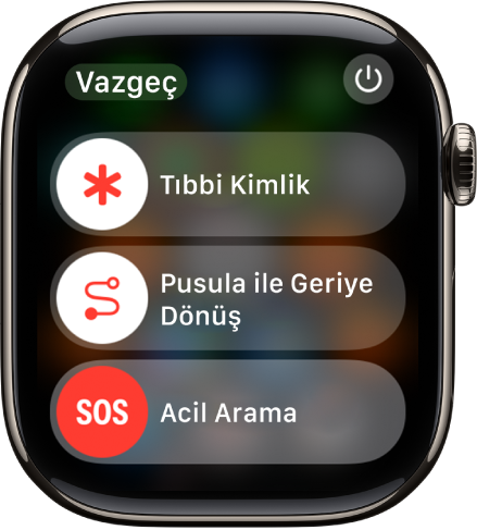 Acil servis ekranı. Üst tarafta Tıbbi Kimlik sürgüsü, ortada Pusula Geriye Dönüş sürgüsü ve en altta Acil Arama sürgüsü var.