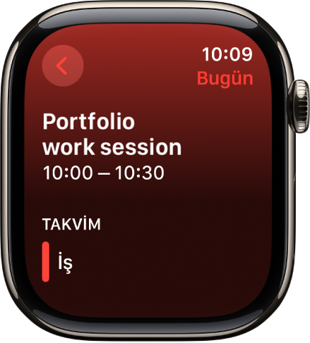 Takvim ekranı yeni bir etkinlik gösteriyor. Etkinliğin adı en üstte ve onun altında etkinlik saati var. Sağ üstte etkinlik tarihi bulunuyor. Takvim başlığının altında, etkinliğin ait olduğu takvimin adı var.