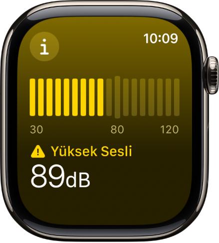 Gürültü uygulaması, bir ses ölçeri ve 89 desibel ses düzeyi ile üst tarafında “Yüksek Sesli” ifadesini gösteriyor.