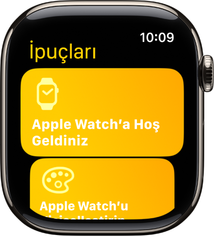 İpuçları uygulaması, Apple Watch’a hoş geldiniz gibi İpuçları koleksiyonlarını gösteriyor.