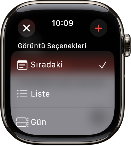 Görüntü seçeneklerini (Sıradaki, Liste ve Gün) gösteren Takvim ekranı. Ekle düğmesi sağ üstte.