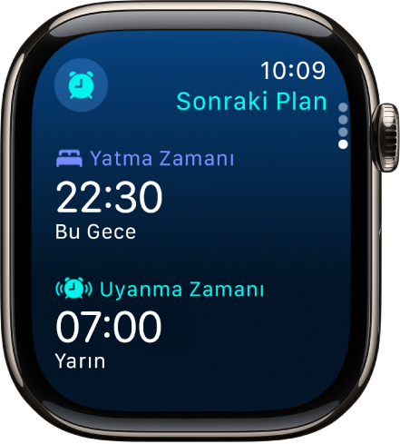 Apple Watch’ta gecenin uyku planını gösteren Uyku uygulaması. Yatma Zamanı üstte, Uyanma Zamanı onun altında.