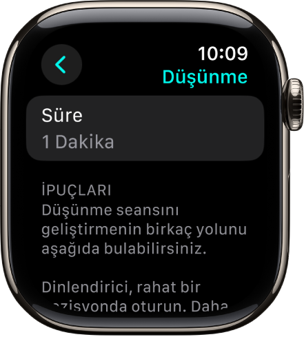Farkındalık uygulaması ekranı en üstte 1 dakikalık bir süre gösteriyor. Onun altında Düşünme seansını geliştirmeye yardımcı olan ipuçları var.