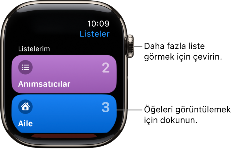 Anımsatıcılar uygulamasındaki Listeler ekranı iki liste düğmesi gösteriyor: Aile ve Ev. Sağ taraftaki sayılar, her listede kaç anımsatıcı olduğunu belirtir. Öğelerini görmek istediğiniz bir listeye dokunun veya daha fazla liste görmek için Digital Crown’u çevirin.