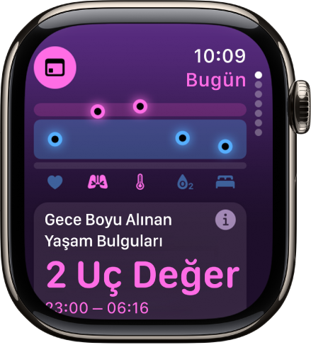 Yaşam Bulguları uygulamasındaki bir ekran, gece boyu alınan sağlık ölçümlerini gösteriyor.