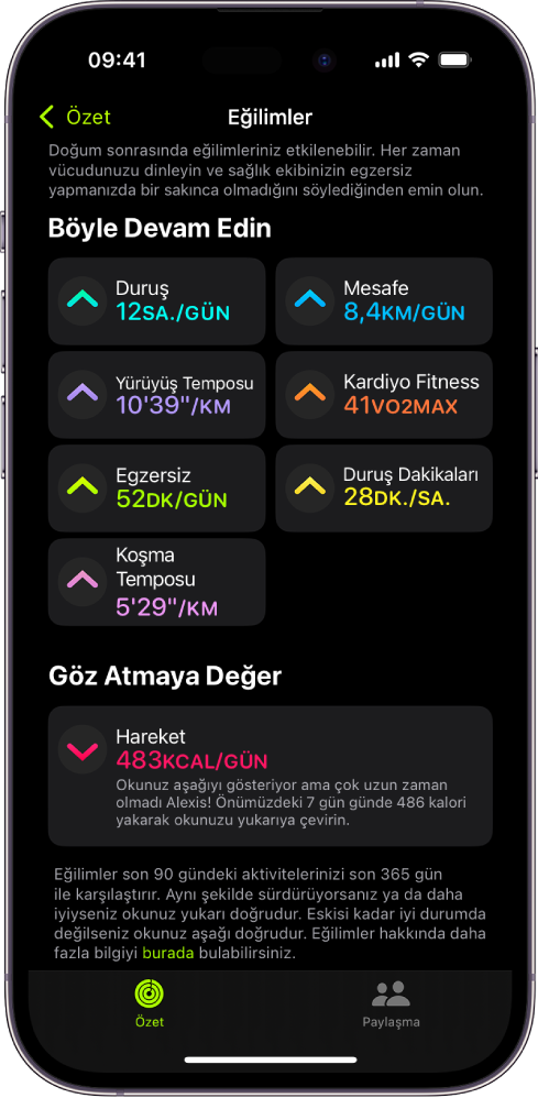 iPhone’daki Fitness uygulamasında Eğilimler sekmesi. Ekranın üst tarafına doğru Eğilimler başlığı altında birkaç ölçüm görünüyor. Ölçümler Egzersiz’i, Duruş’u ve Mesafe’yi içerir. Hareket, Göz Atmaya Değer başlığı altında görünüyor.