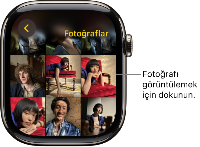 Apple Watch’taki Fotoğraflar uygulamasının ana ekranı, bir ızgarada çok sayıda fotoğrafla birlikte görüntüleniyor.