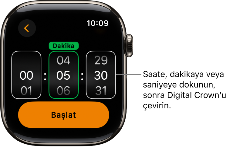 Solda saat, ortada dakika ve sağda saniye ile özel bir sayaç yaratma ayarları. Başlat düğmesi alt tarafta.