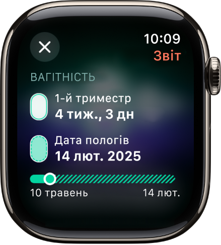 Екран програми «Відстеження циклу», на якому показано основні відомості про вагітність. Вік плода й орієнтовна дата пологів відображаються в центрі екрана.