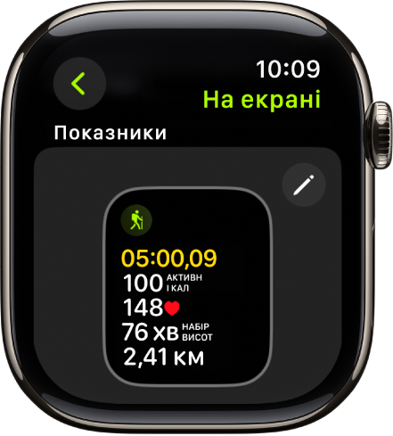 Екран програми «На екрані», на якому тренування «Піший туризм» відображається в поданні «Показники».