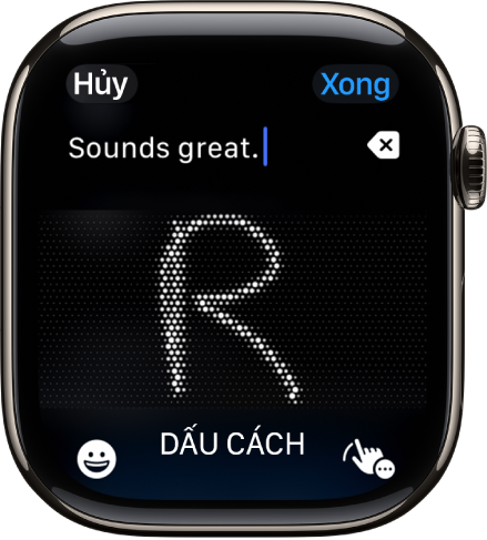 Màn hình trường văn bản đang hiển thị một chữ cái được viết bằng tính năng Viết chữ. Các nút Biểu tượng và Viết chữ ở cuối màn hình.